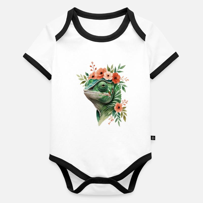 Couronne de fleurs avec caméléon Body Bébé bio contrasté manches courtes
