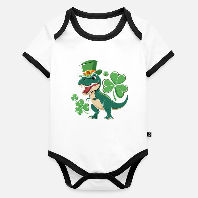 Dino vert avec chapeau de trèfle Body Bébé bio contrasté manches courtes