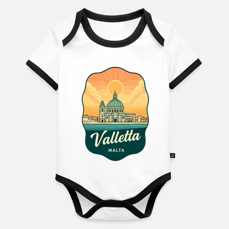Badge de voyage Retro Sunset de Valletta Malta Body Bébé bio contrasté manches courtes