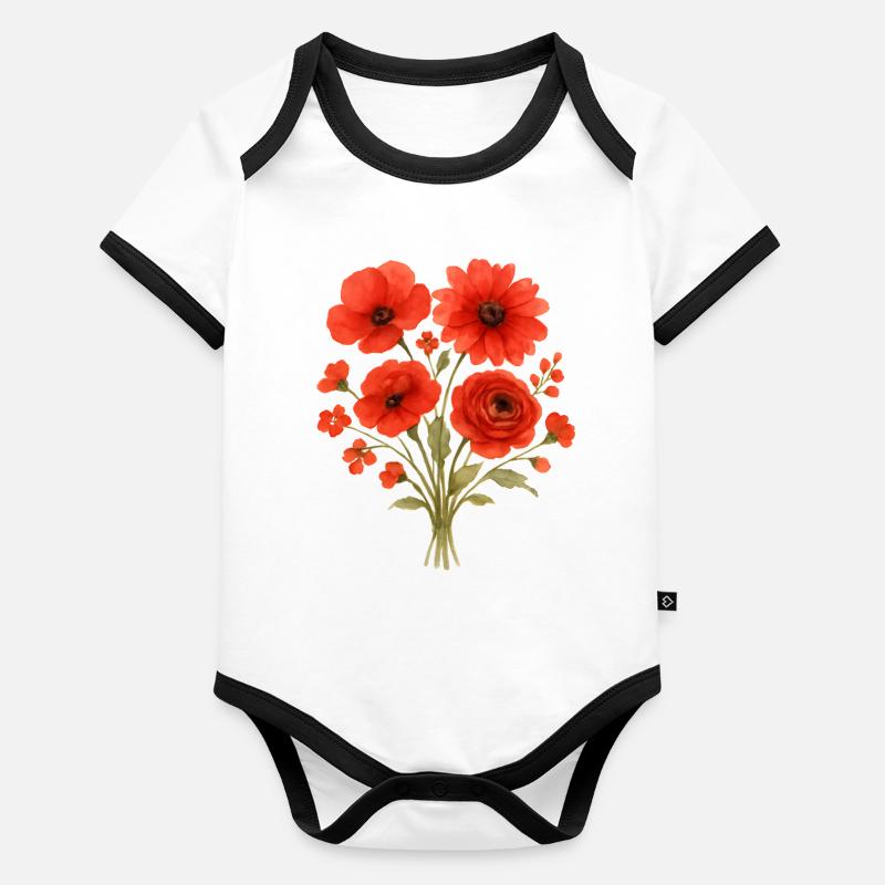 Bouquet de fleurs rouges Body Bébé bio contrasté manches courtes