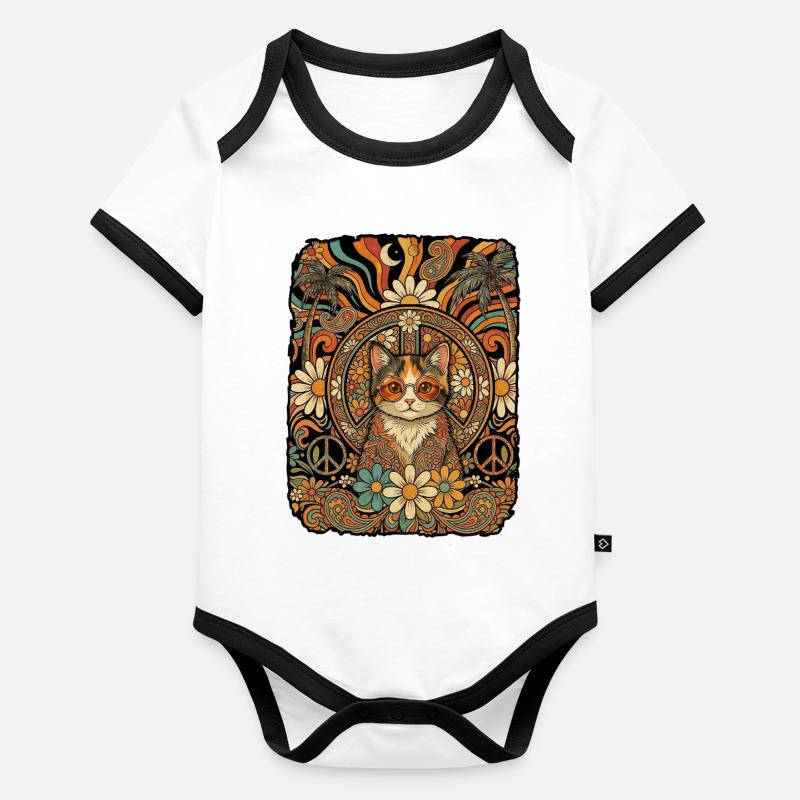 Hippie Katze 60er Love Peace Baby Bio-Kurzarm-Kontrastbody