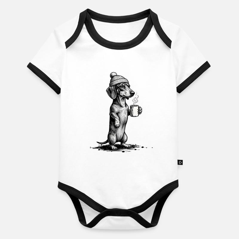 Teckel vintage avec café et chapeau Body Bébé bio contrasté manches courtes
