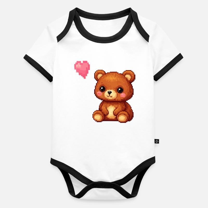 Pixel bear avec ballon en forme de cœur - Body Bébé bio contrasté manches courtes - blanc/noir