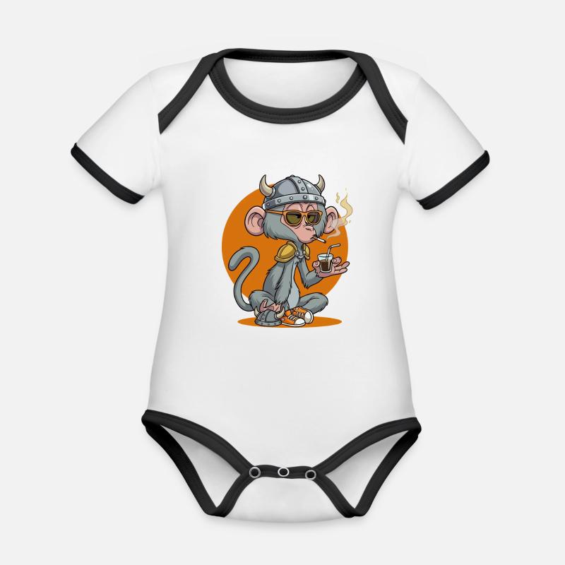Monkey_2 - Baby Bio-Kurzarm-Kontrastbody - Weiß/Schwarz