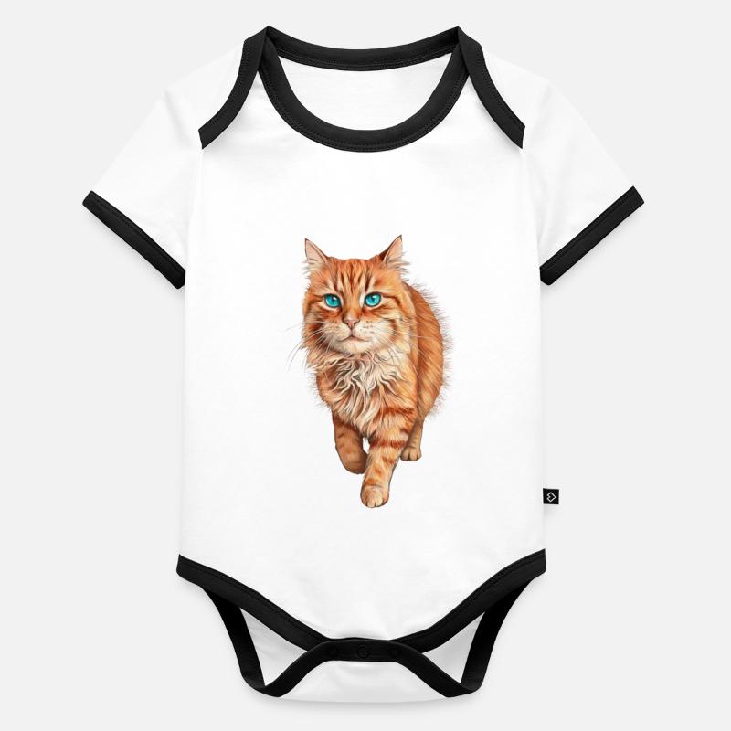Chat Orange aux Yeux Bleus Body Bébé bio contrasté manches courtes