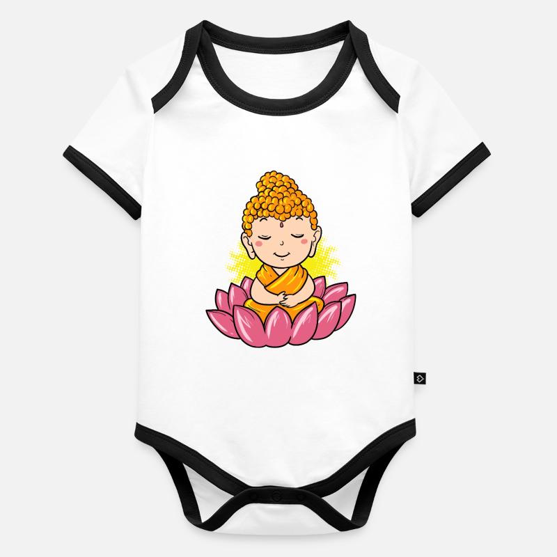 Meditierender Buddha: Lotusblüte & Zen Design Baby Bio-Kurzarm-Kontrastbody