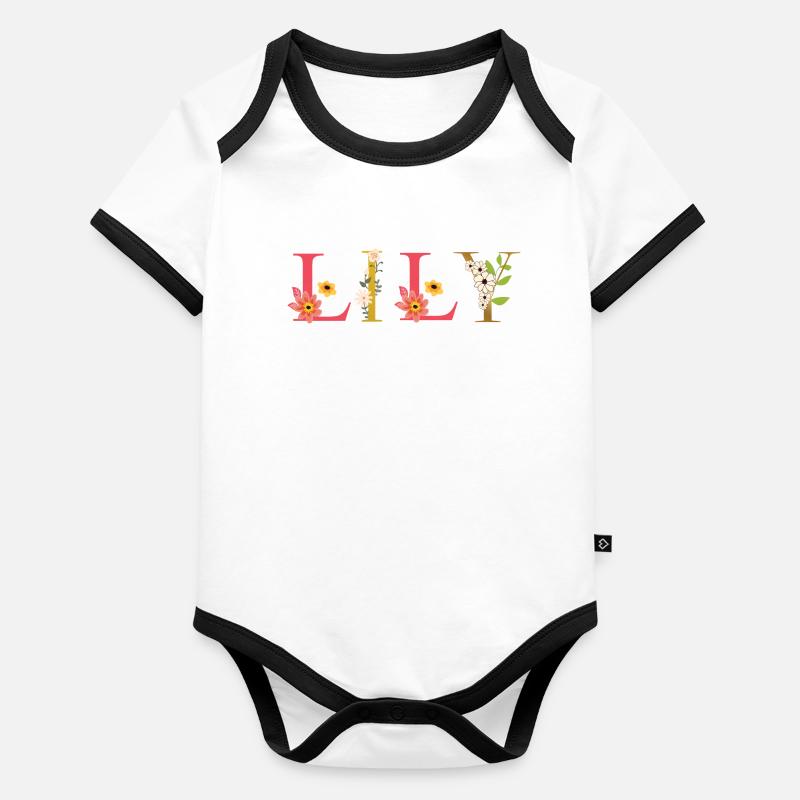 Nom de LILY décoré de fleurs Body Bébé bio contrasté manches courtes