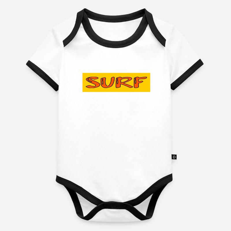 SURF. POISSON. PLAGE. MER. OCEAN. HUMOUR. VACANCES Body Bébé bio contrasté manches courtes