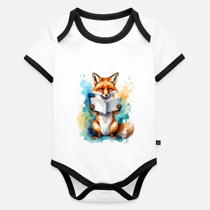 Fuchs Lesen Buch Bunt Tier Design Print Baby Bio-Kurzarm-Kontrastbody
