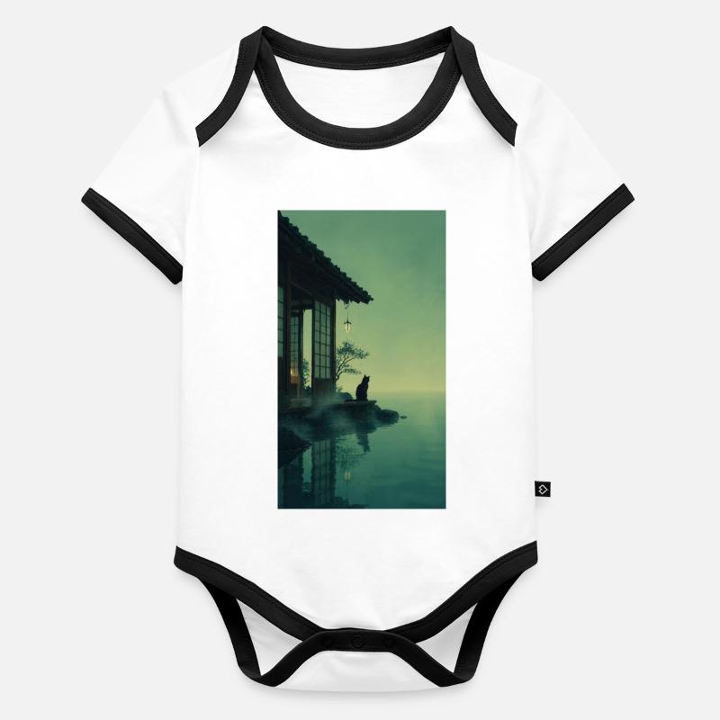 Schwarze Katze am Teehaus – Asian Zen Design Baby Bio-Kurzarm-Kontrastbody