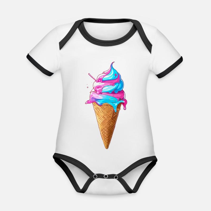 Délicieuse crème glacée | Cornet de crème glacée Synthwave - Body Bébé bio contrasté manches courtes - blanc/noir