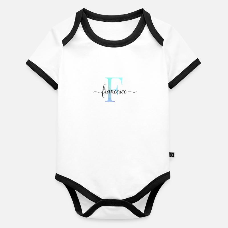 E| Monogramma | Nome | Francesco| Acquerello - Body da neonato a manica corta, ecologico e in contrasto cromatico - bianco/nero