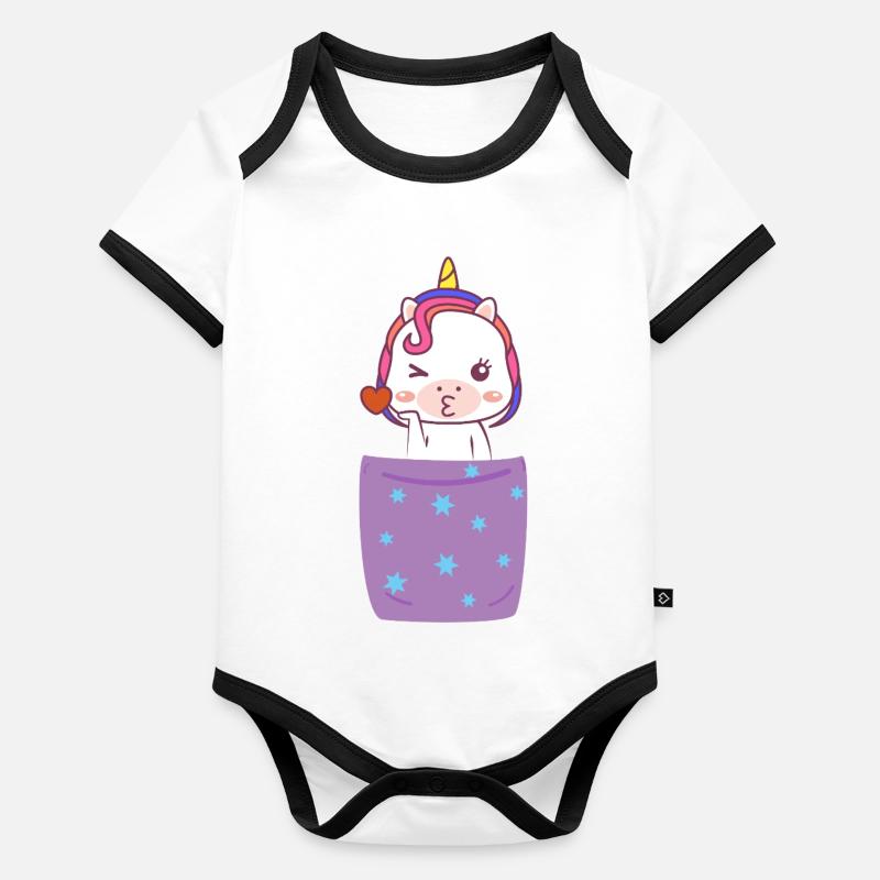 Licorne dans la poche de poitrine Body Bébé bio contrasté manches courtes