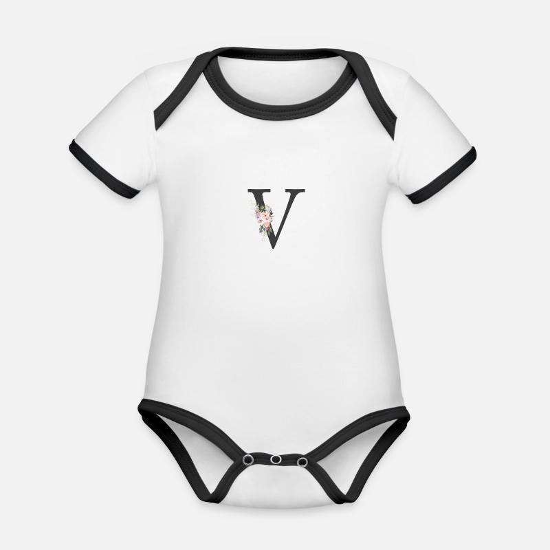 Buchstabe V, Monogramm, Blumen - Baby Bio-Kurzarm-Kontrastbody - Weiß/Schwarz