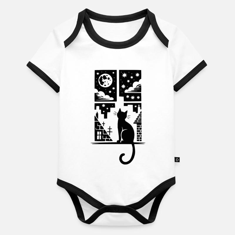 Cat at the window moonlit night Organic Baby Contrasting Bodysuit
