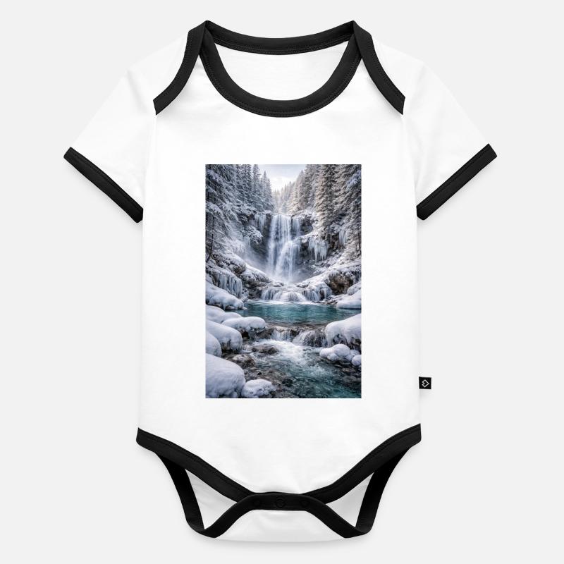 Winterwasserfall im schneebedeckten Wald Baby Bio-Kurzarm-Kontrastbody