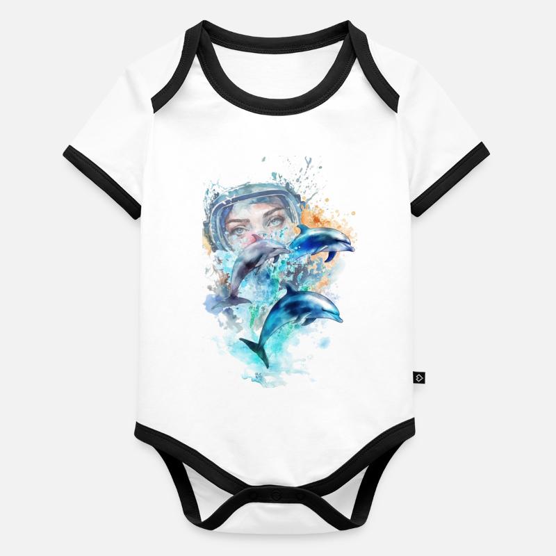 Watercolor: 3 dolphins with scuba diver Organic Baby Contrasting Bodysuit