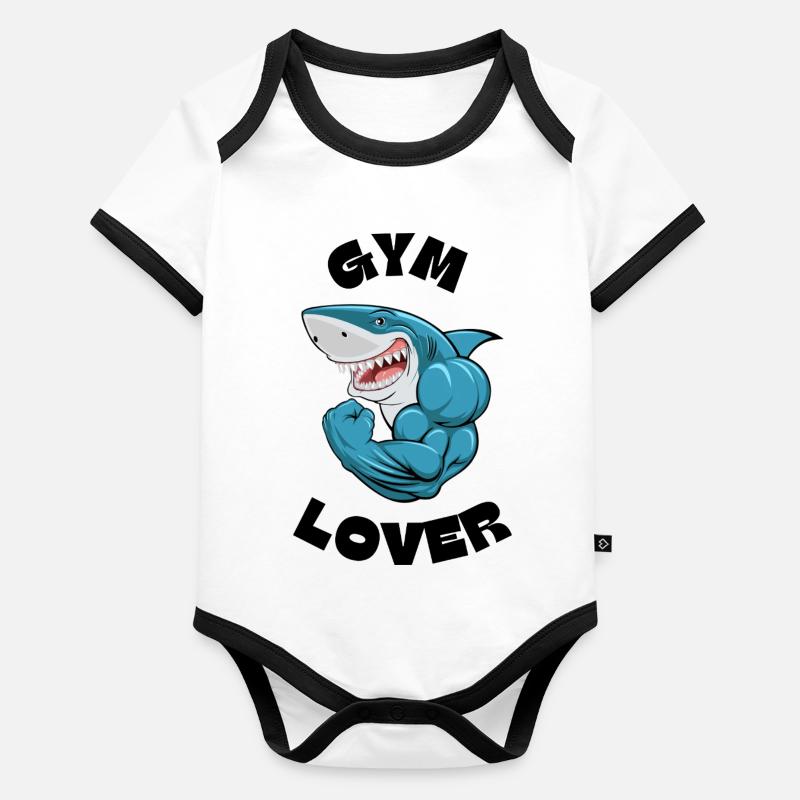 Strong Shark Cartoon Muscle Head Organic Baby Contrasting Bodysuit