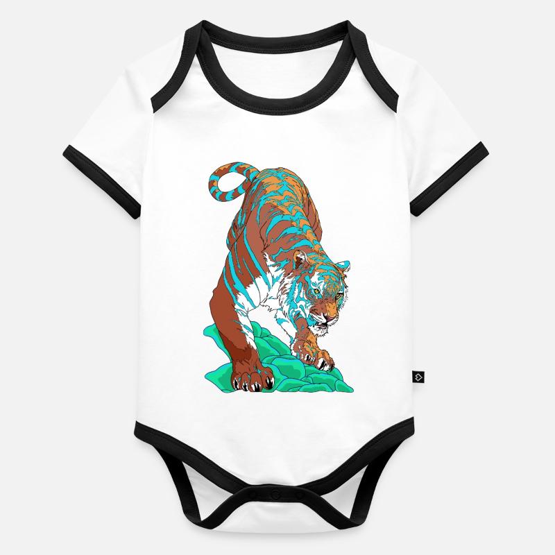 Turquoise Blue Tiger on Rock Organic Baby Contrasting Bodysuit