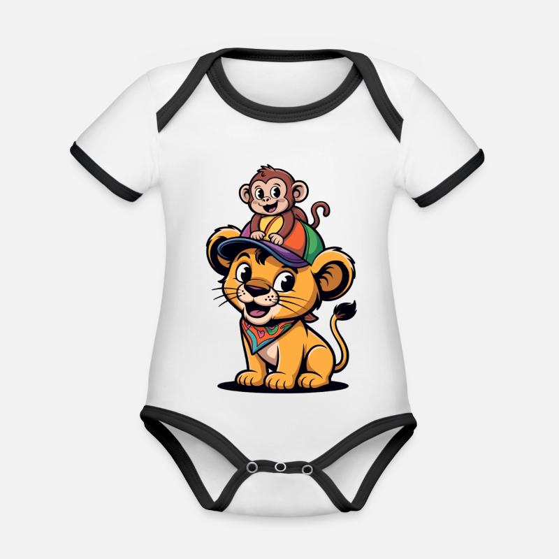 Petit Lion avec Compagnon Singe - Body Bébé bio contrasté manches courtes - blanc/noir