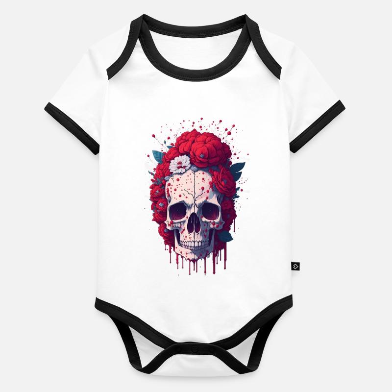 Totenkopf mit roten Blumen Baby Bio-Kurzarm-Kontrastbody