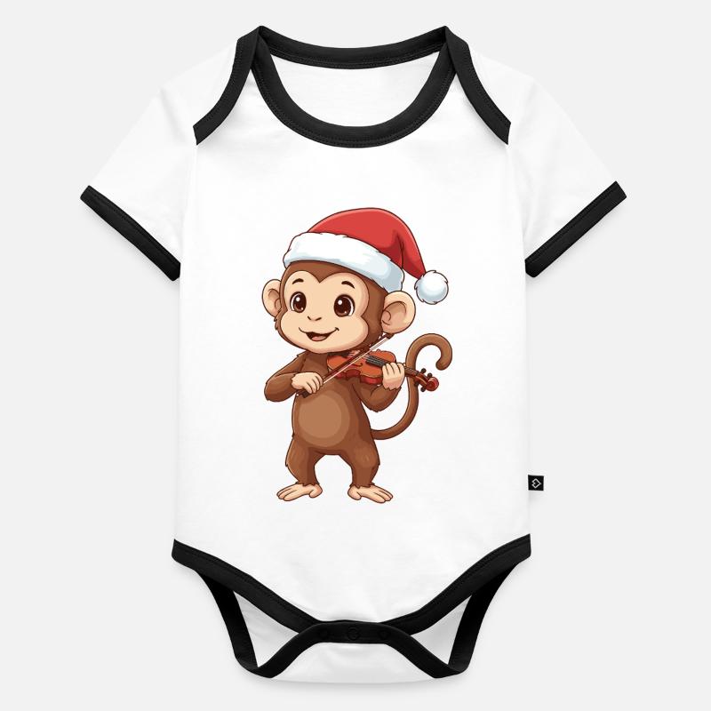 Christmas Monkey Ape Playing Violin Art Organic Baby Contrasting Bodysuit