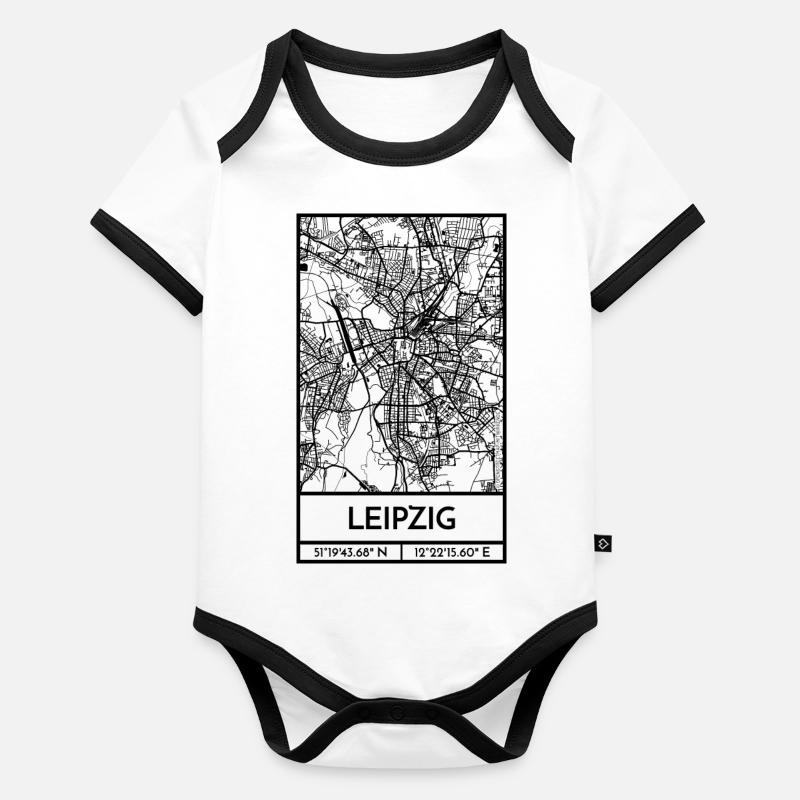 Leipzig – City Stadtplan Map Karte (schwarz) Baby Bio-Kurzarm-Kontrastbody
