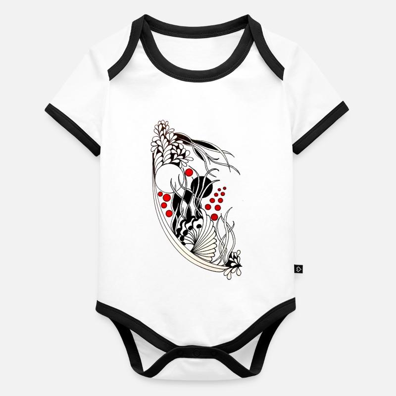 Accents ondulés de feuilles noires et blanches Body Bébé bio contrasté manches courtes