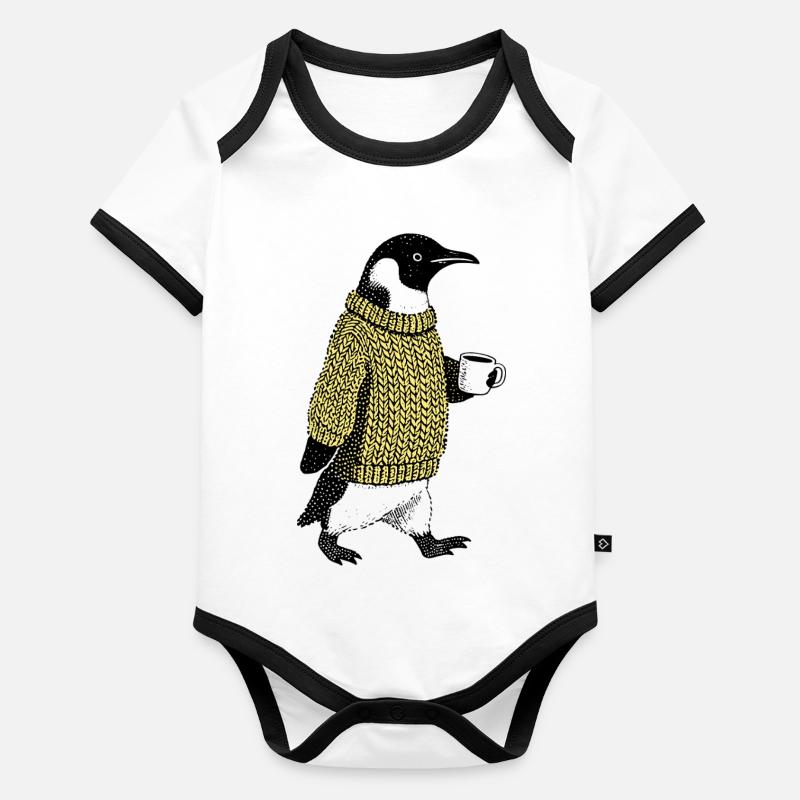 Coffee Penguin Body Bébé bio contrasté manches courtes