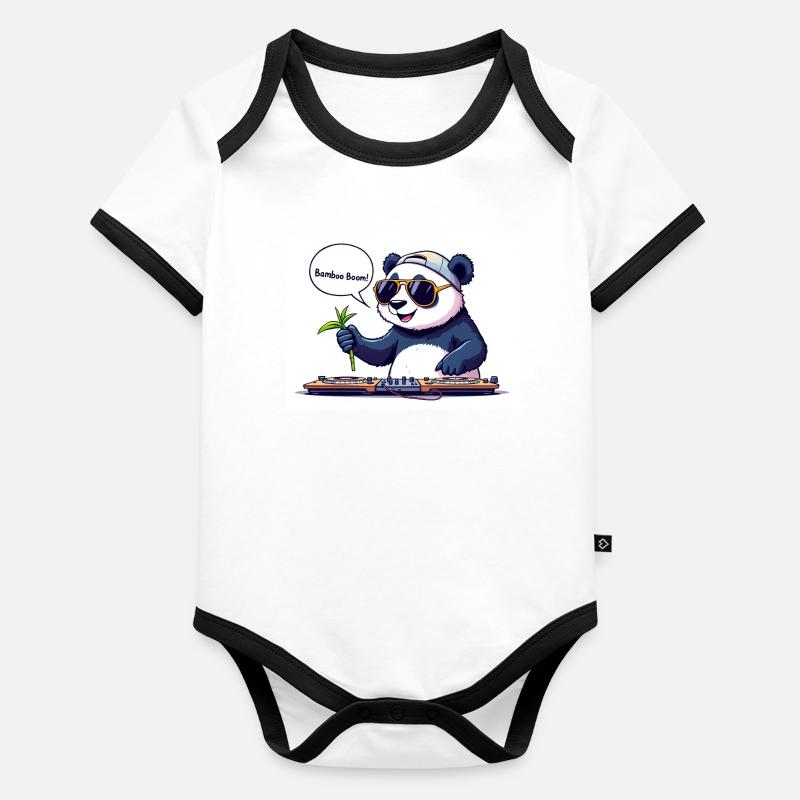DJ Panda mit Brille und Bambusstab Baby Bio-Kurzarm-Kontrastbody