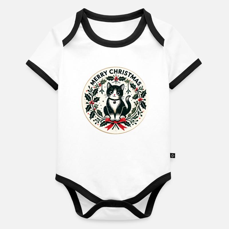 Couronne de houx festive en forme de chat noir Body Bébé bio contrasté manches courtes