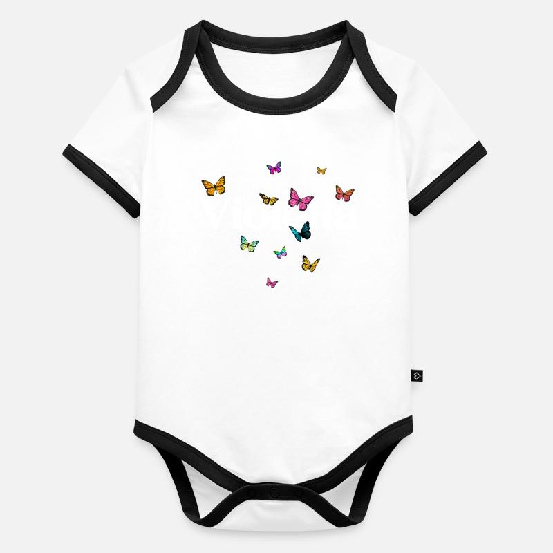 Schöner Mädchenname mit Schmetterlingen VIOLETTA Baby Bio-Kurzarm-Kontrastbody