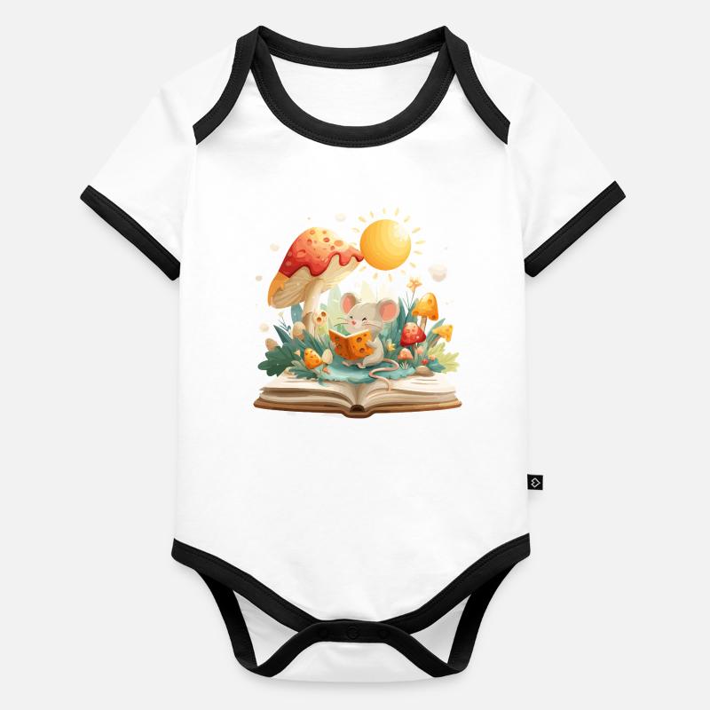 Mouse in the mushroom forest reads book Organic Baby Contrasting Bodysuit