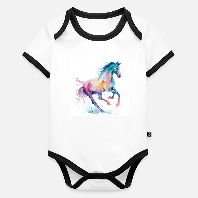 Cheval aquarelle arc-en-ciel Body Bébé bio contrasté manches courtes