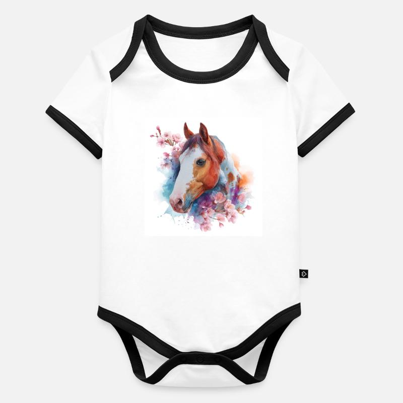 Aquarellpferd mit Blüten Baby Bio-Kurzarm-Kontrastbody