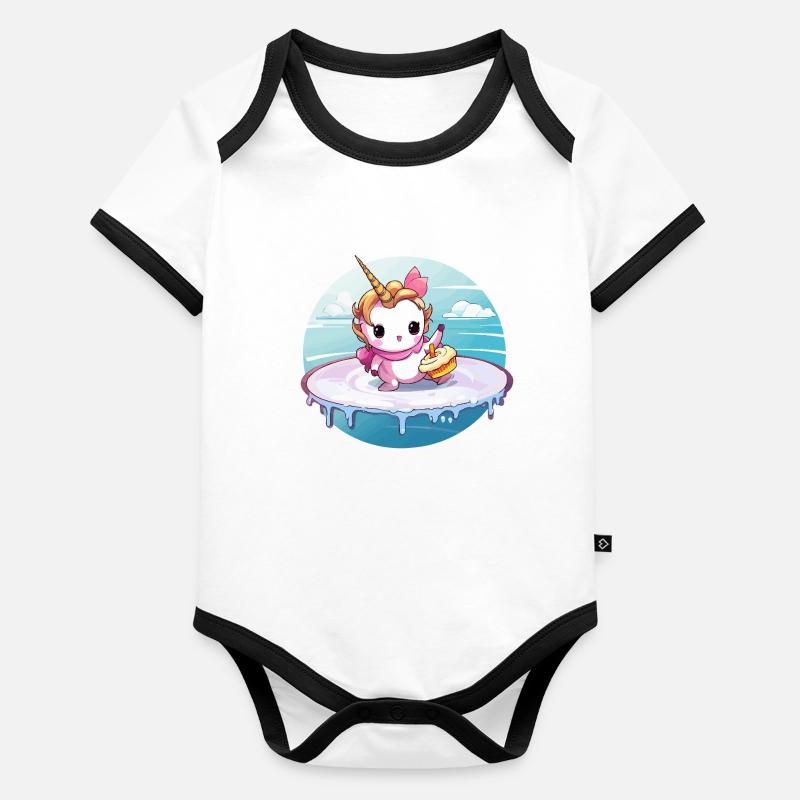 Einhorn am Surfbrett mit Cupcake Baby Bio-Kurzarm-Kontrastbody
