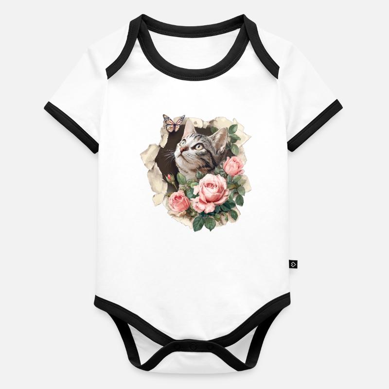 Chat et papillon Body Bébé bio contrasté manches courtes
