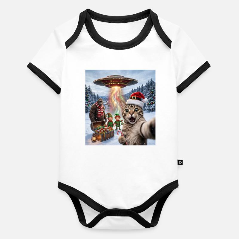 Weihnachtskatze im UFO-Selfie Baby Bio-Kurzarm-Kontrastbody