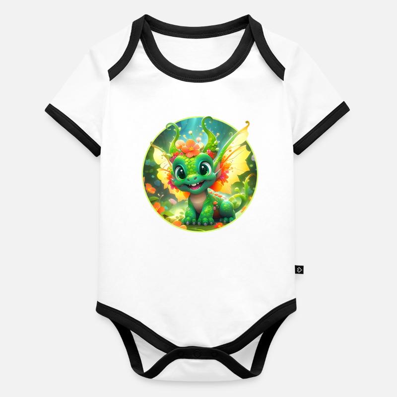 Blüten-Drachen im Wunderwald Baby Bio-Kurzarm-Kontrastbody