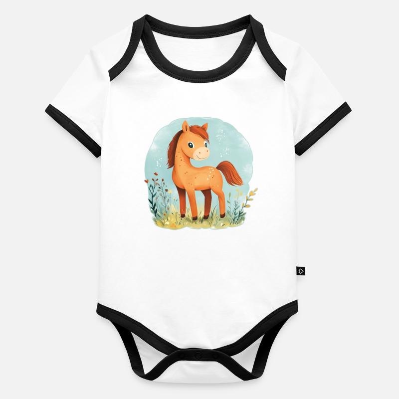 Cheval sur la prairie Body Bébé bio contrasté manches courtes