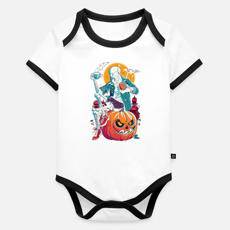 Skeleton on pumpkin - Halloween-style coffee break Organic Baby Contrasting Bodysuit