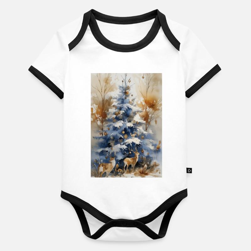 Arbre bleu de Noël et cerfs Body Bébé bio contrasté manches courtes
