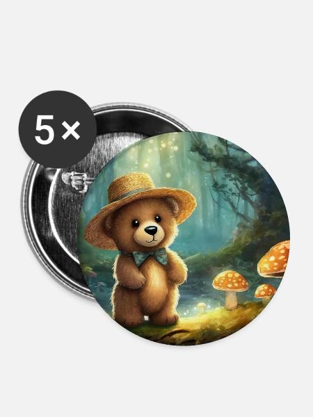 Teddy im Märchenwald  - Buttons mittel 32 mm (5er Pack) - Weiß