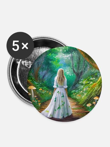 Mädchen im Märchenwald mit Pilzen - Buttons mittel 32 mm (5er Pack) - Weiß