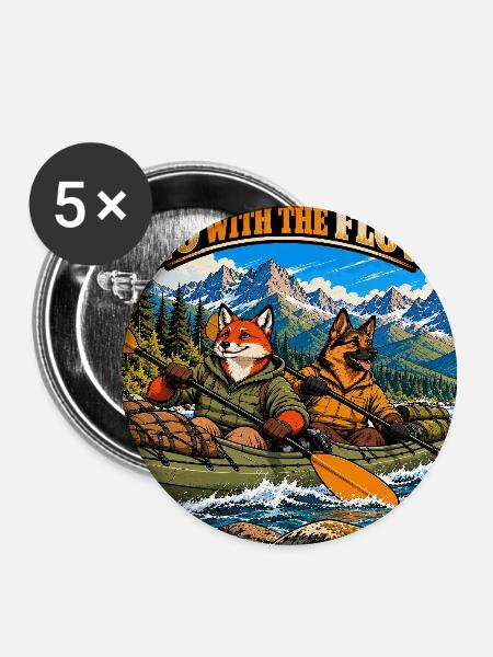 Abenteuer-Kajakfahren – Fuchs und Deutsche Schäferhund - Buttons mittel 32 mm (5er Pack) - Weiß