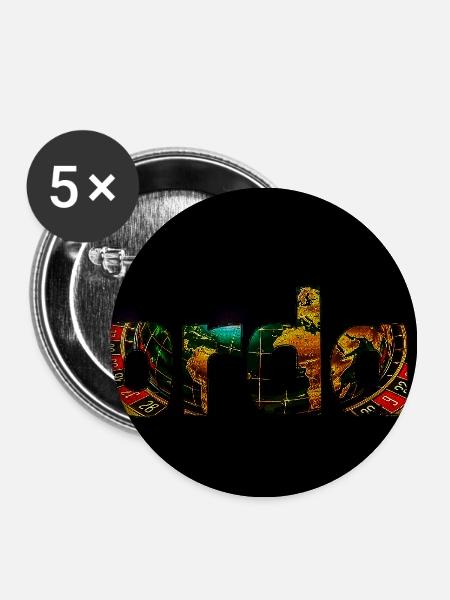 Roulette-Text mit Casino-Rad - Buttons mittel 32 mm (5er Pack) - Weiß