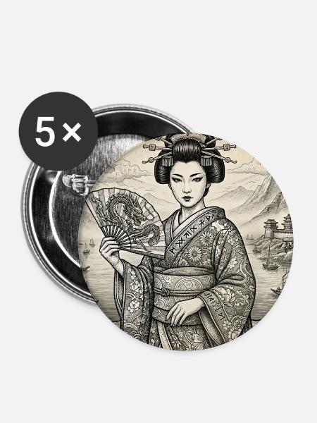 Geisha Ukiyo-e Fächer-Idylle - Buttons mittel 32 mm (5er Pack) - Weiß