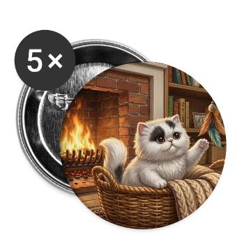 Cozy cat in basket by fireplace - Buttons medium 1.26"/32 mm (5-pack) - white - Front