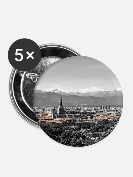 Stadtpanorama mit Bergen - Buttons mittel 32 mm (5er Pack) - Weiß