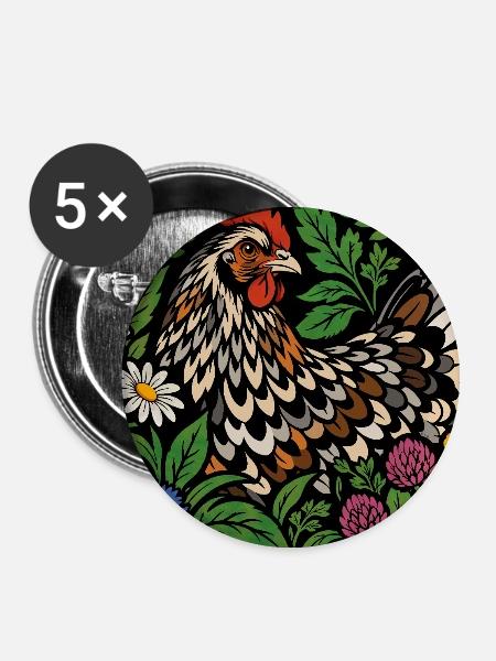 Blumenhühner-Volkskunstgarten - Buttons mittel 32 mm (5er Pack) - Weiß